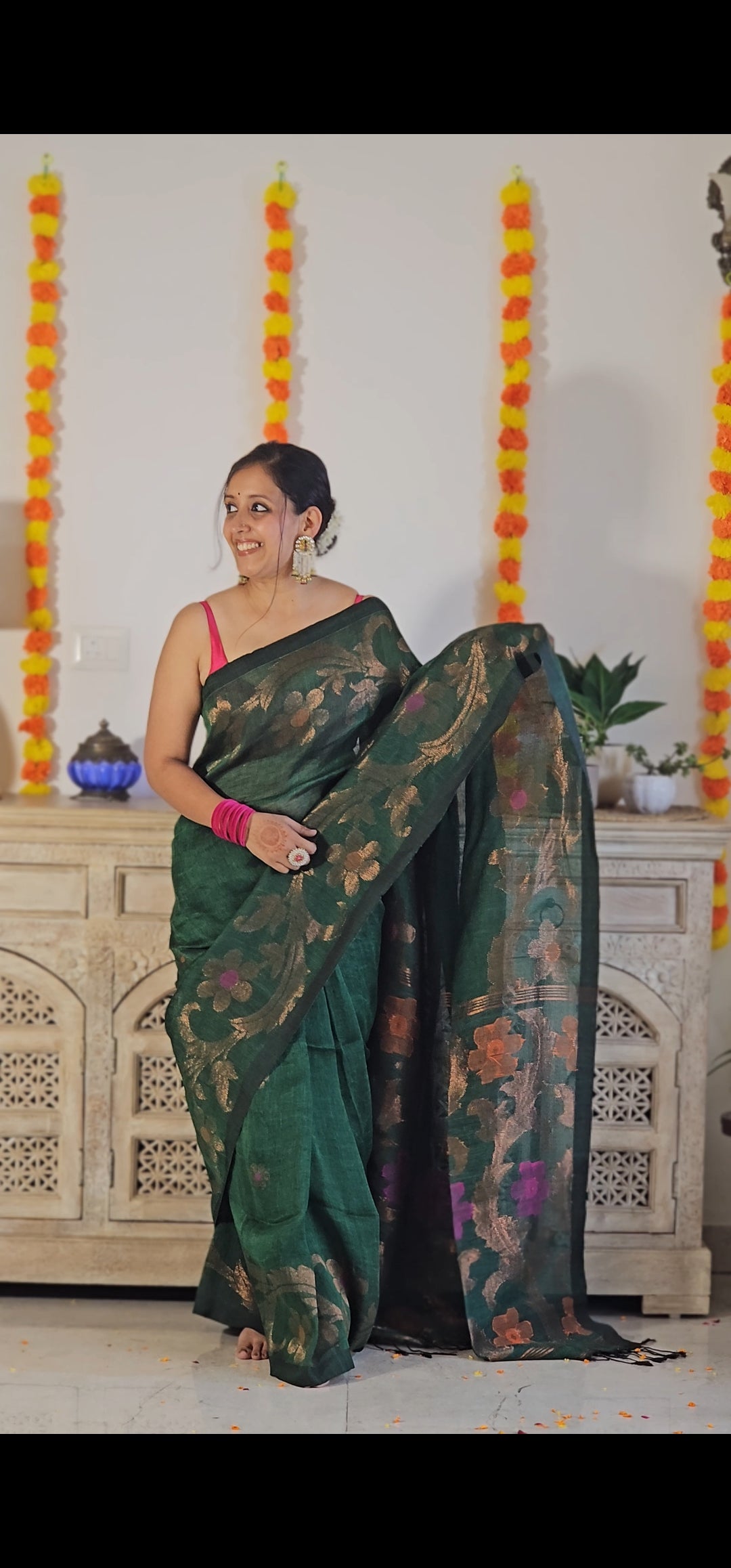 Green flower pure handwoven linen saree with zari flowers