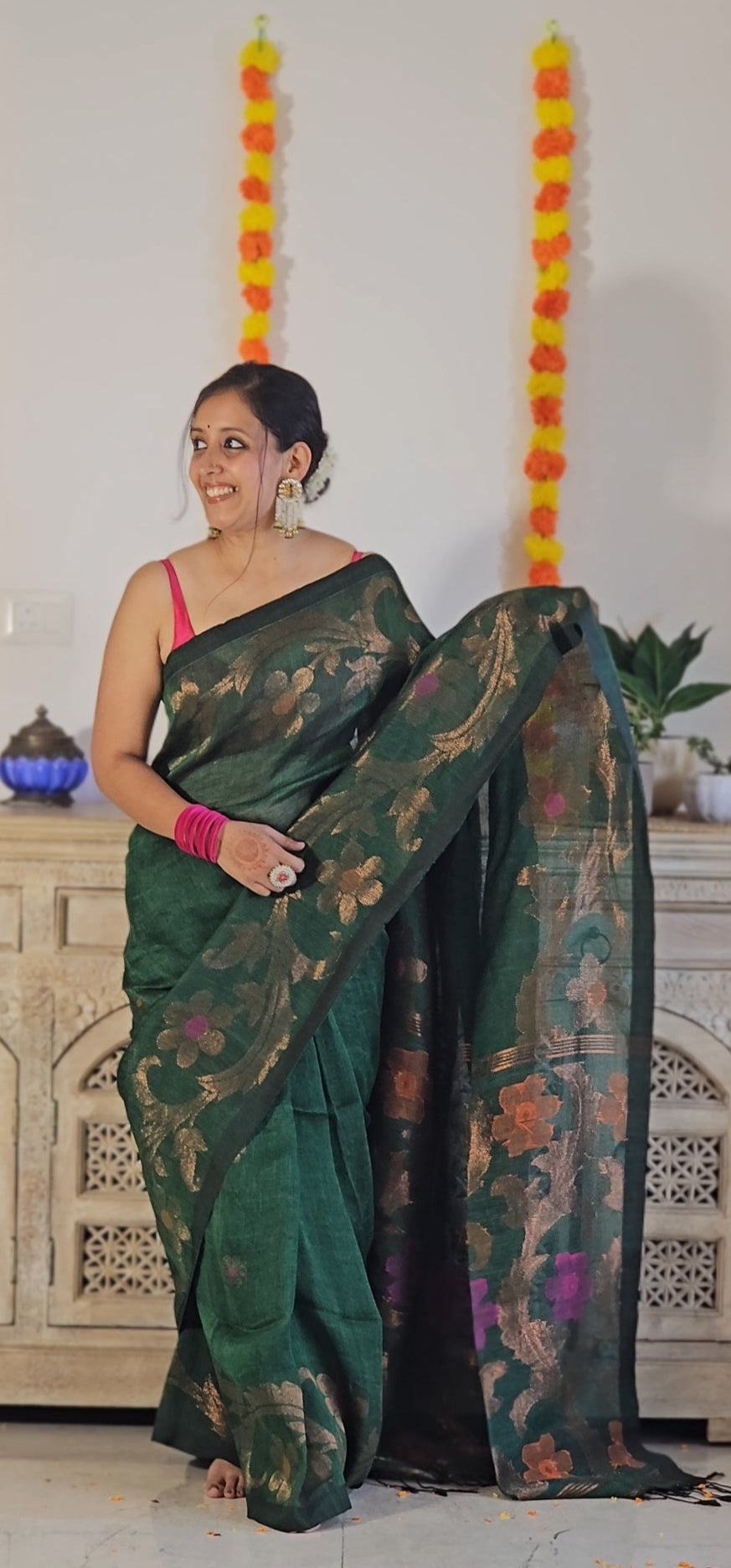 Green flower pure handwoven linen saree with zari flowers
