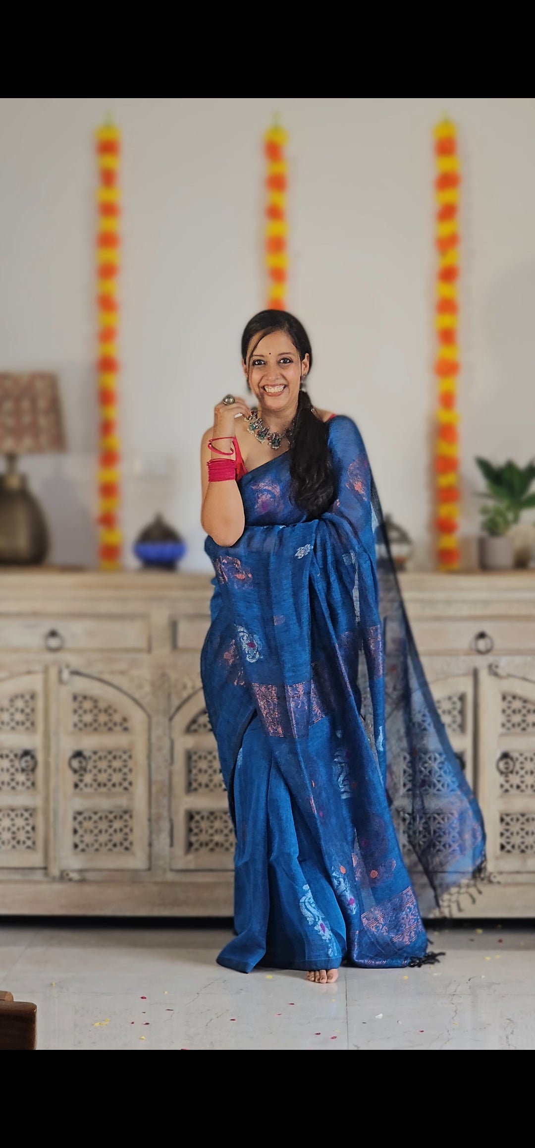 Blue flower pure handwoven linen saree with zari flowers