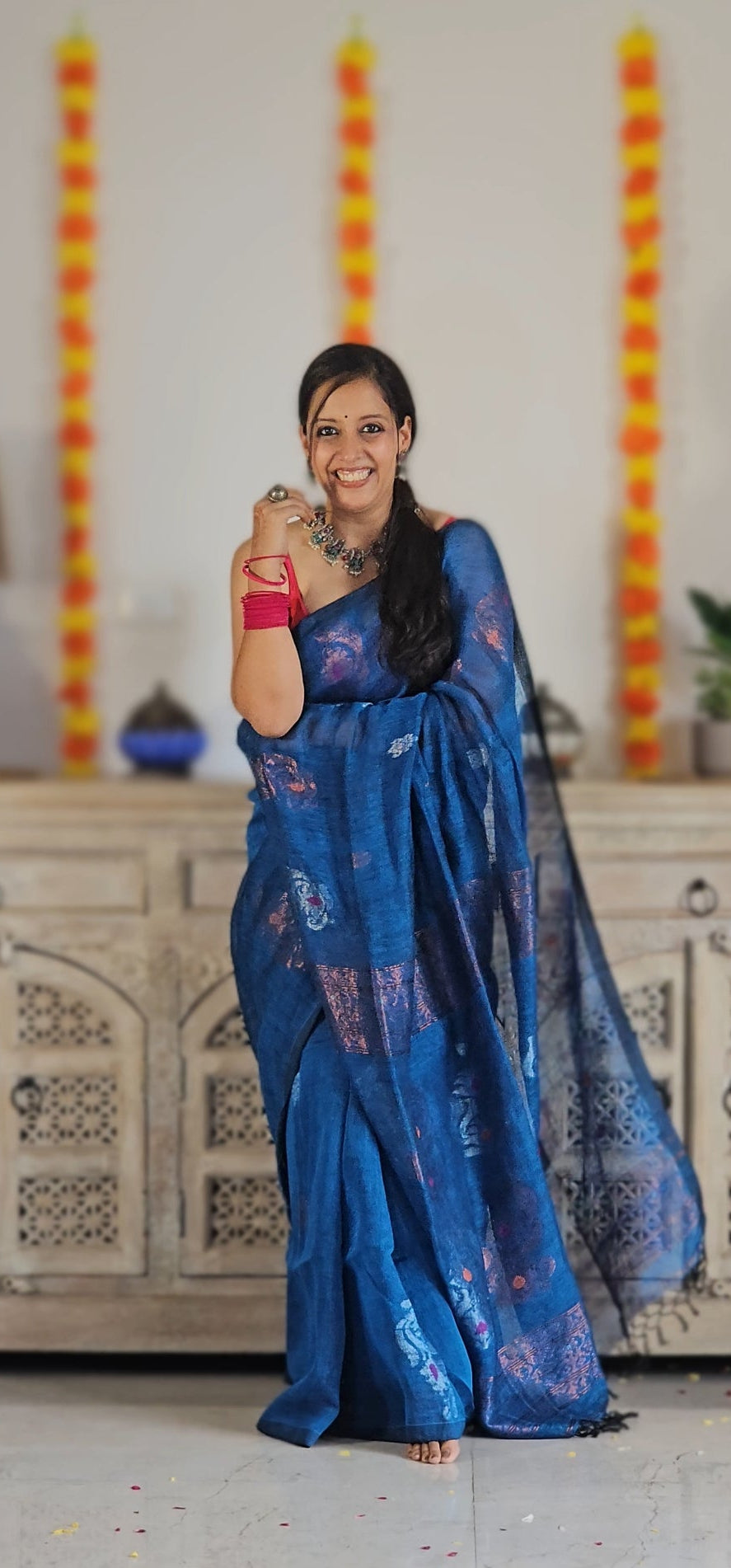 Blue flower pure handwoven linen saree with zari flowers