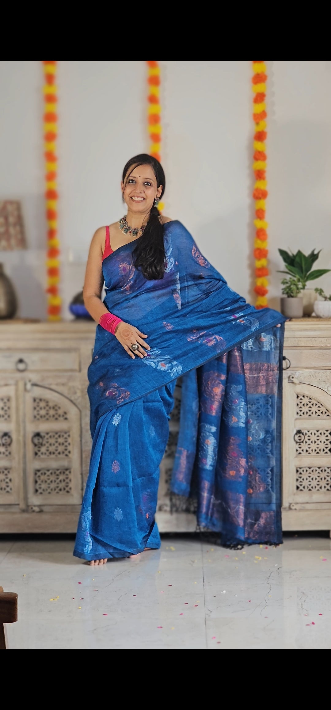 Blue flower pure handwoven linen saree with zari flowers