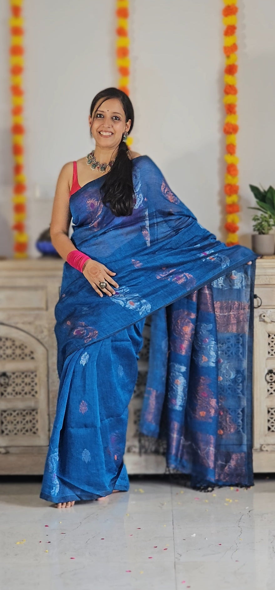 Blue flower pure handwoven linen saree with zari flowers