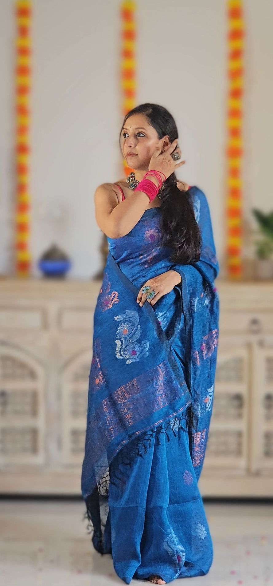 Blue flower pure handwoven linen saree with zari flowers