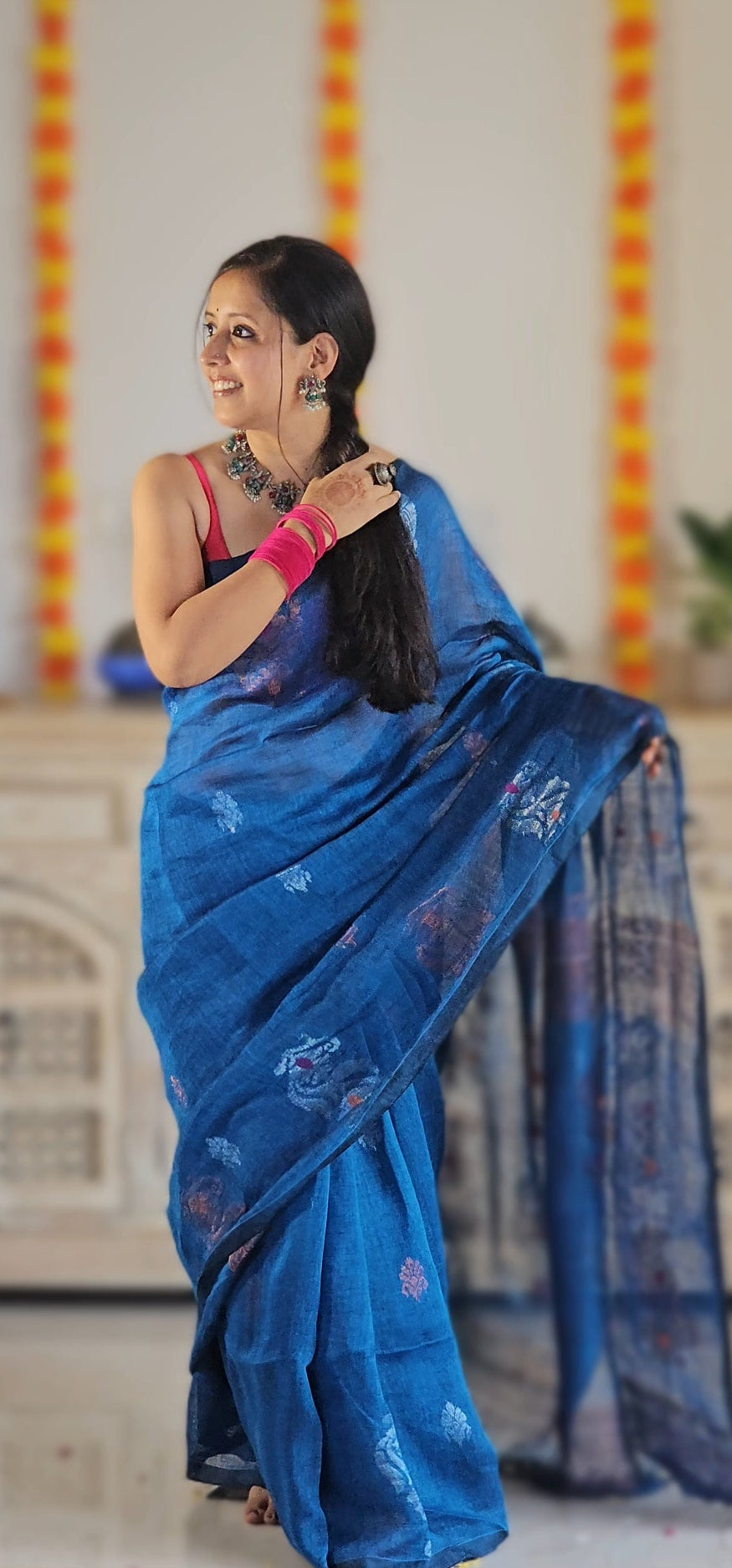 Blue flower pure handwoven linen saree with zari flowers