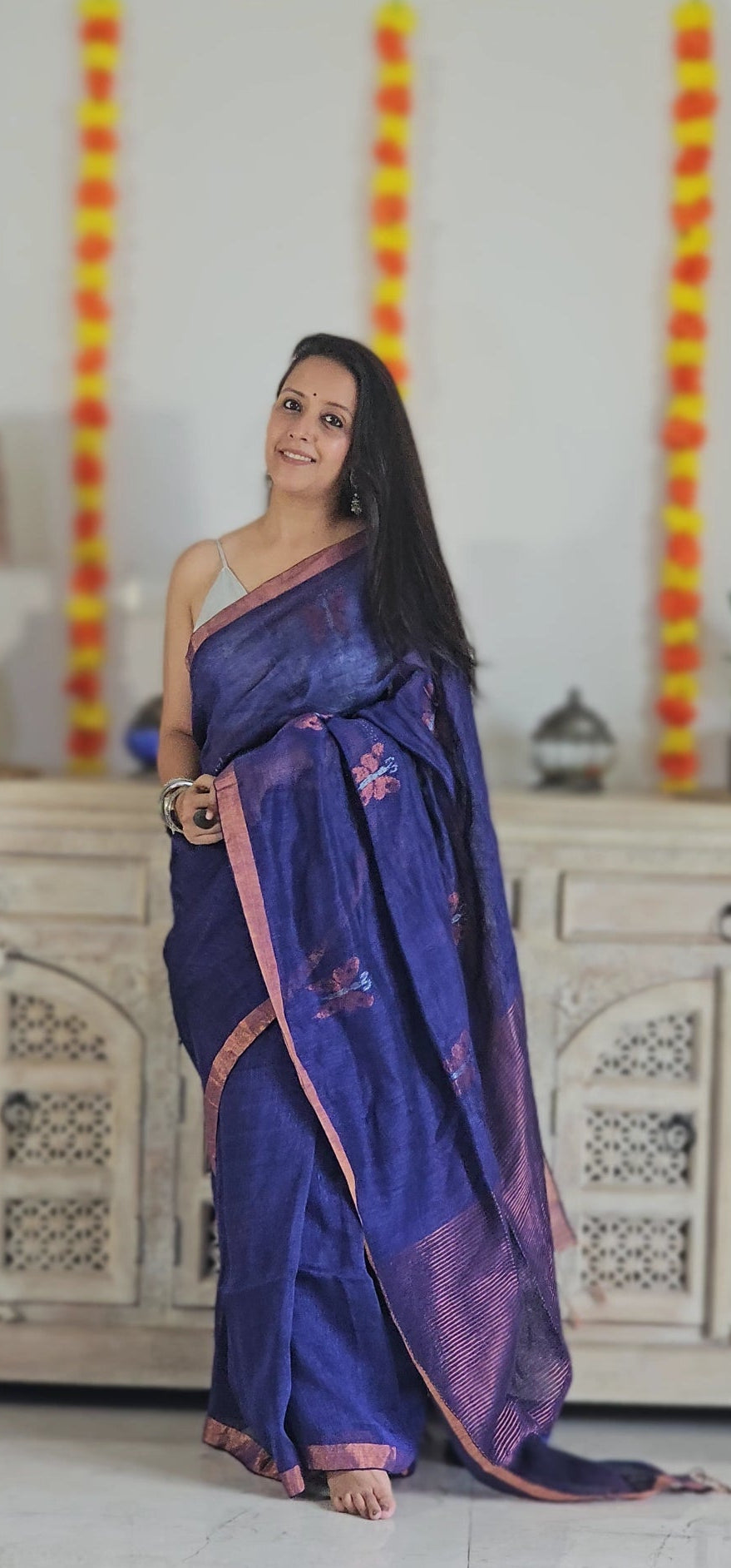 Purple pure handwoven linen saree with zari butterfly design