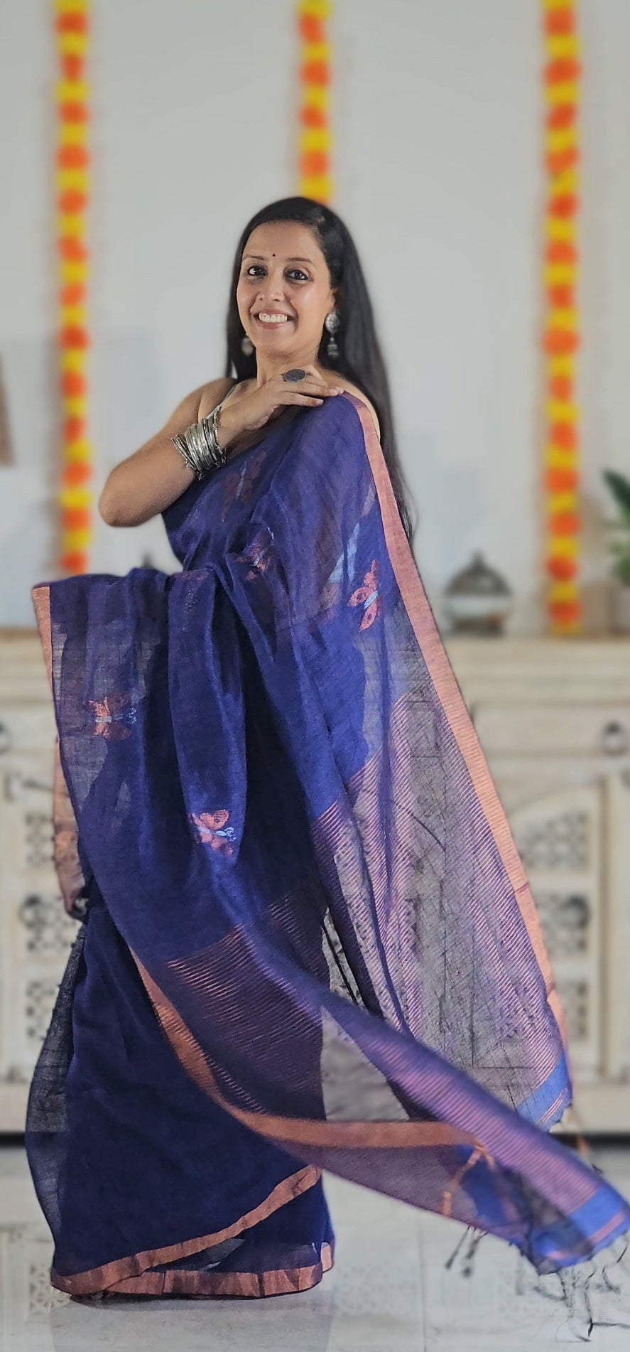 Purple pure handwoven linen saree with zari butterfly design