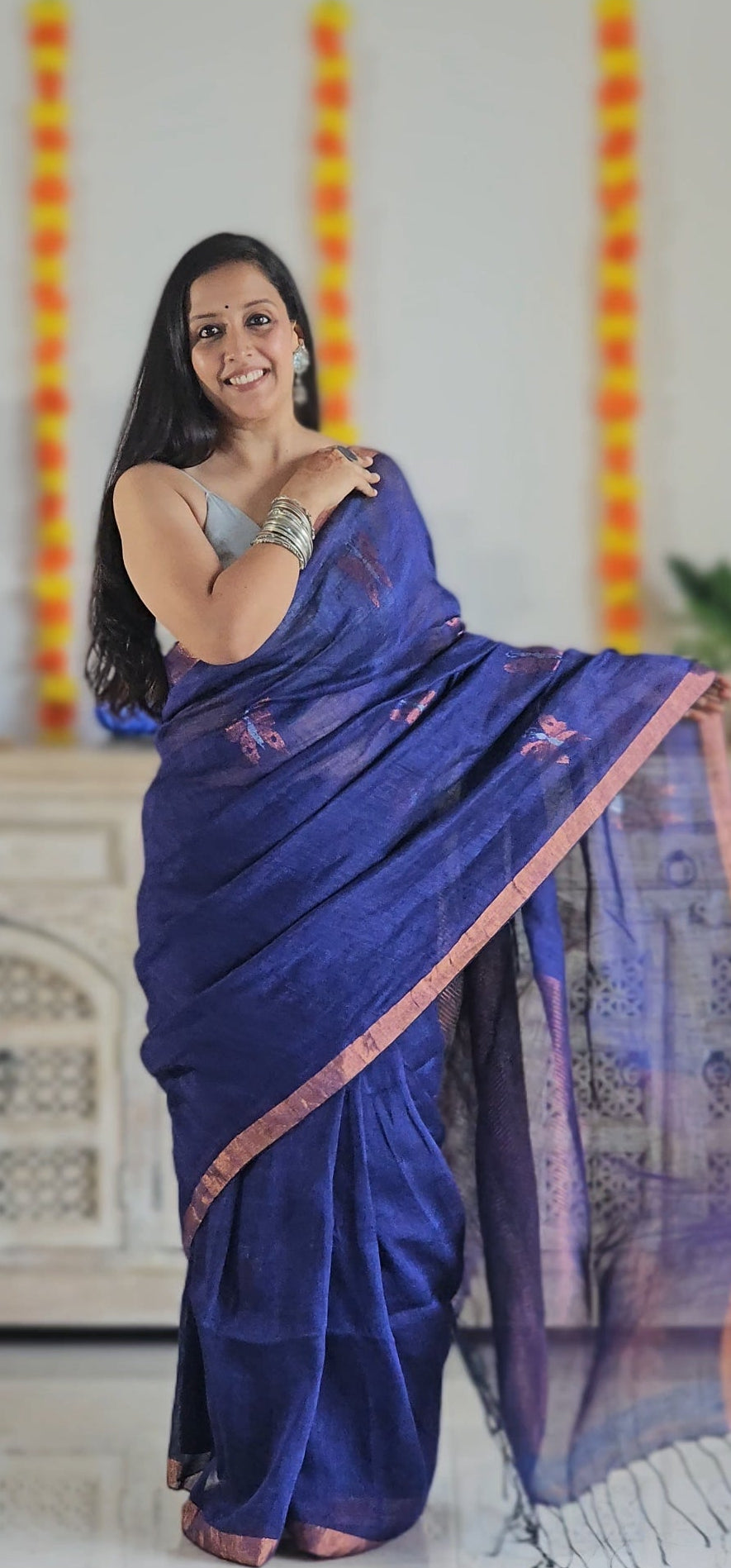 Purple pure handwoven linen saree with zari butterfly design