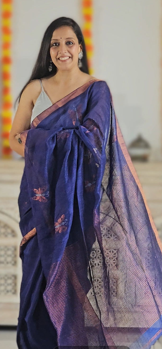 Purple pure handwoven linen saree with zari butterfly design