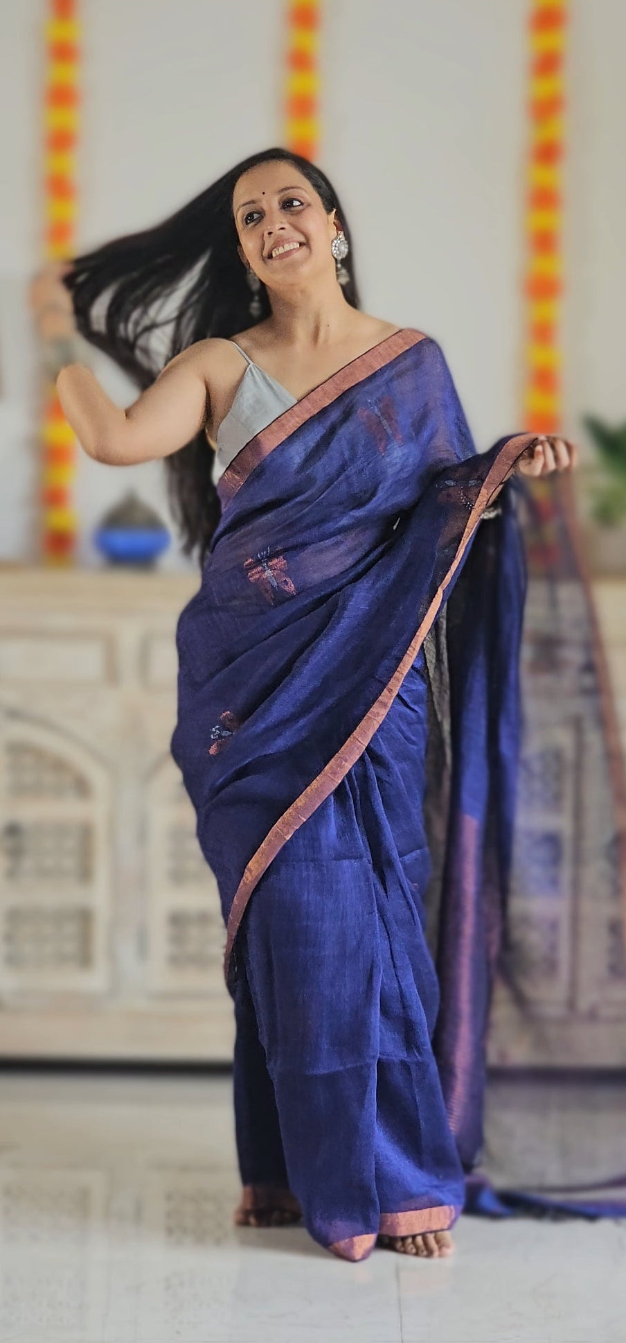 Purple pure handwoven linen saree with zari butterfly design