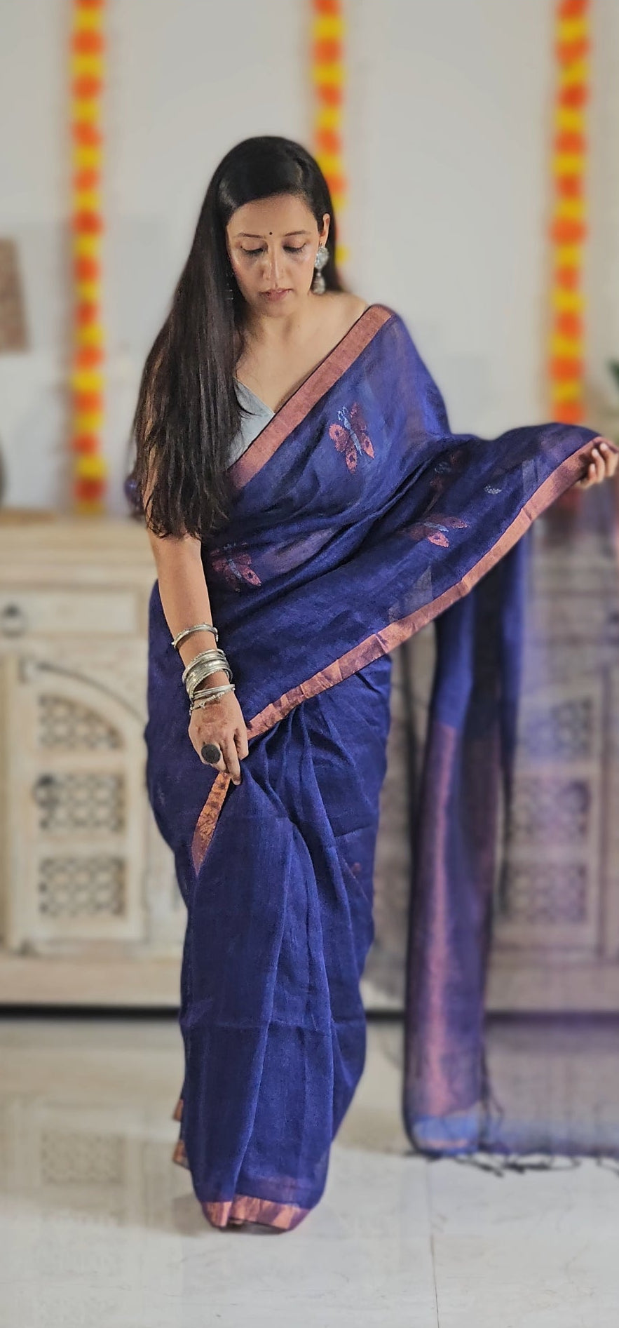 Purple pure handwoven linen saree with zari butterfly design