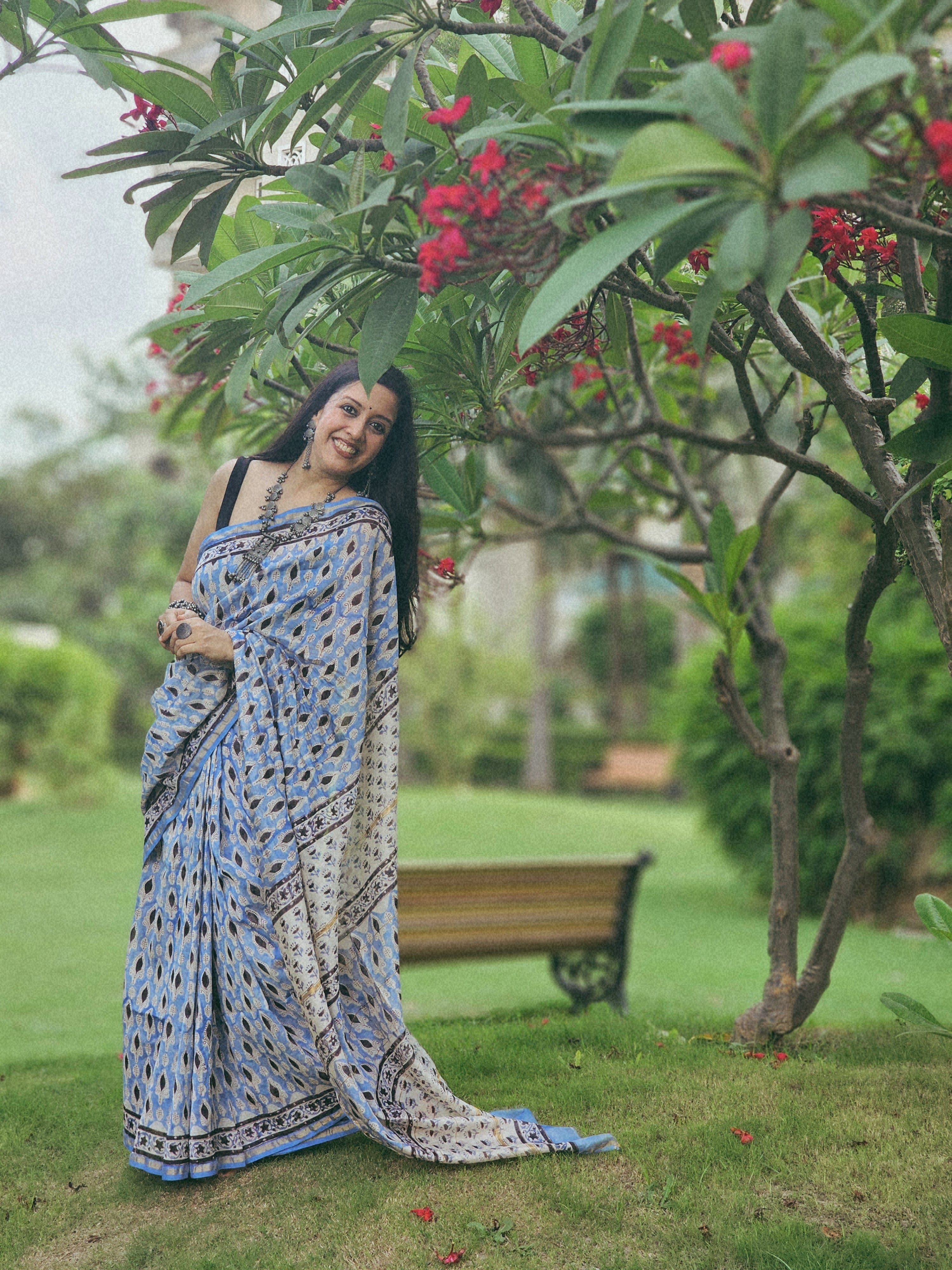 Blue and Black handblock chanderi saree