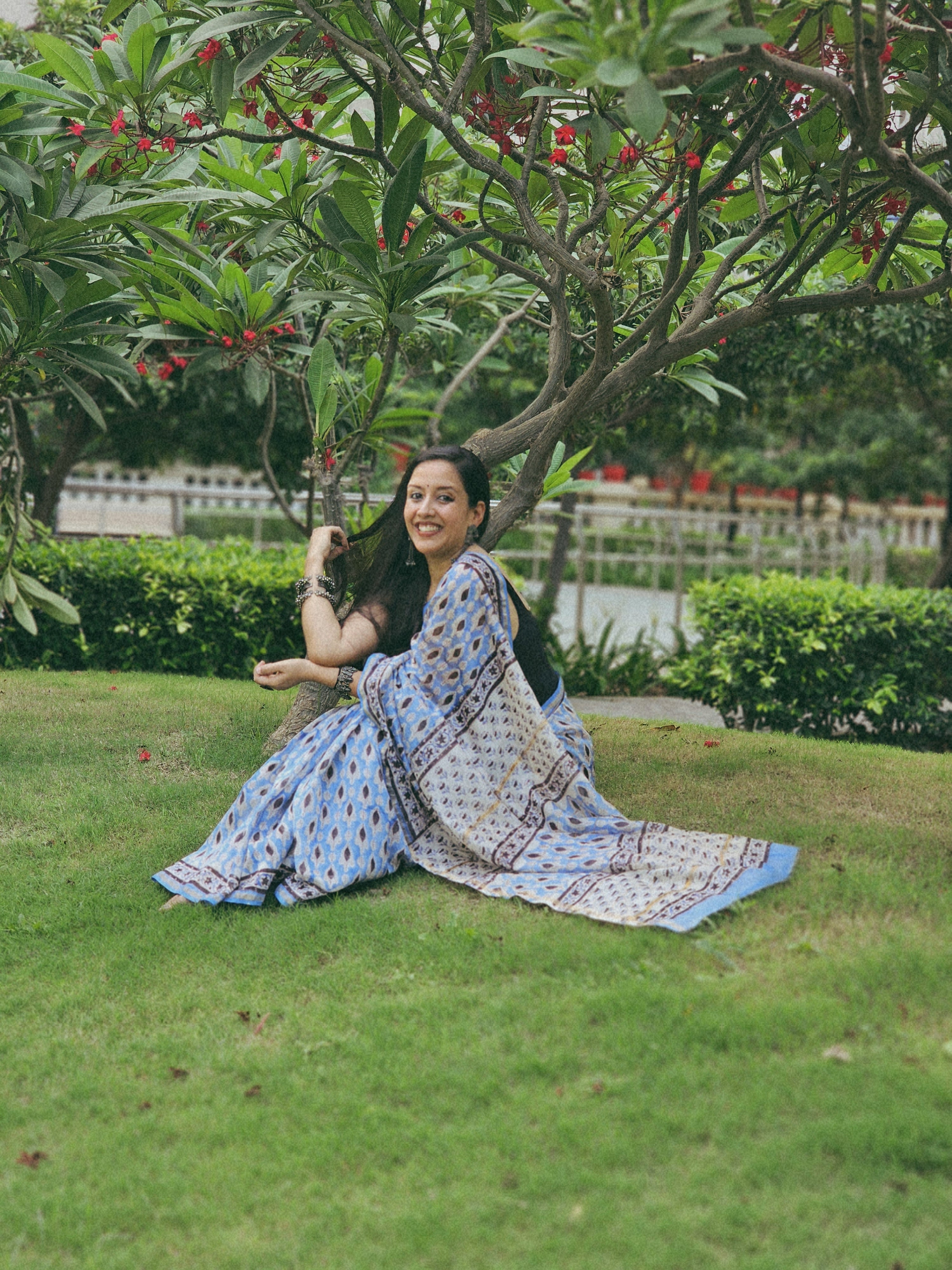 Blue and Black handblock chanderi saree