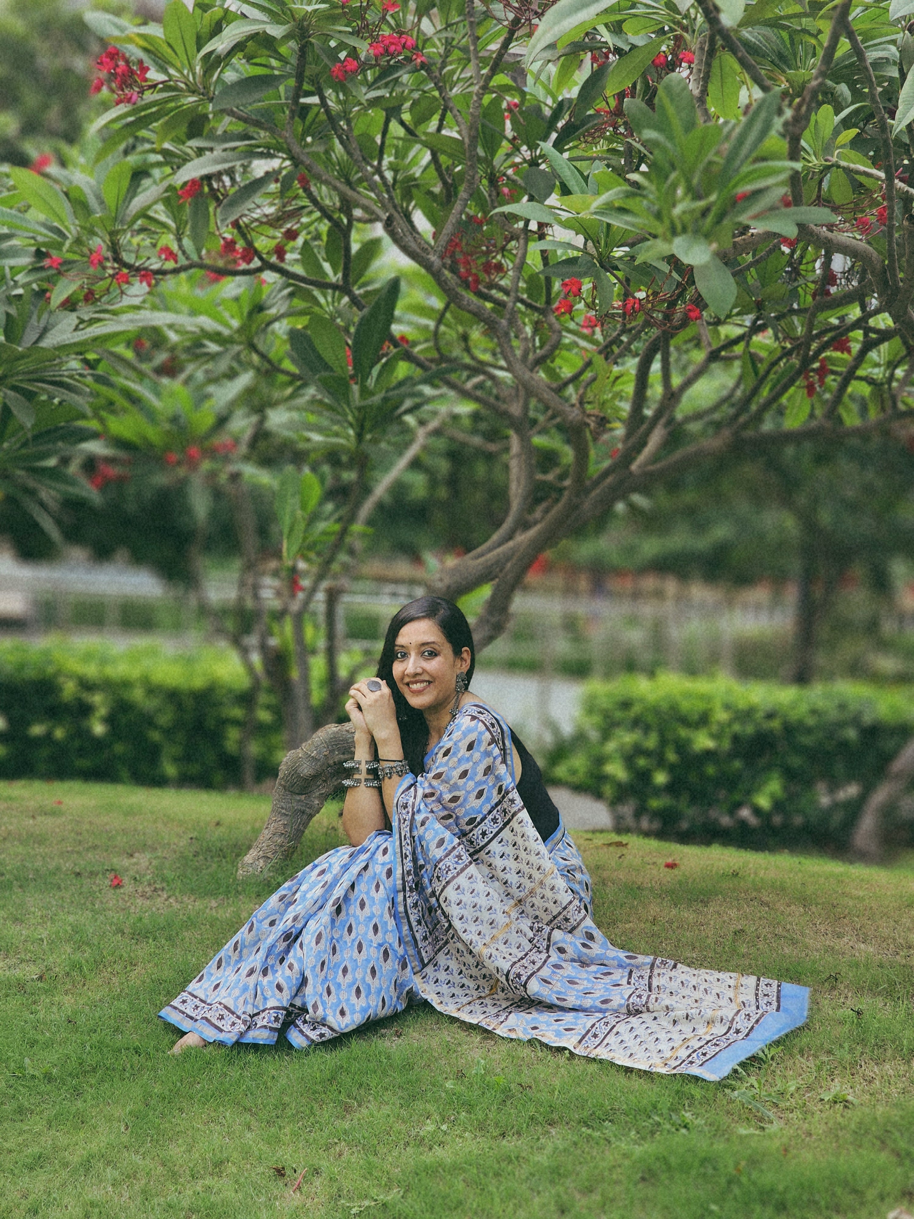 Blue and Black handblock chanderi saree