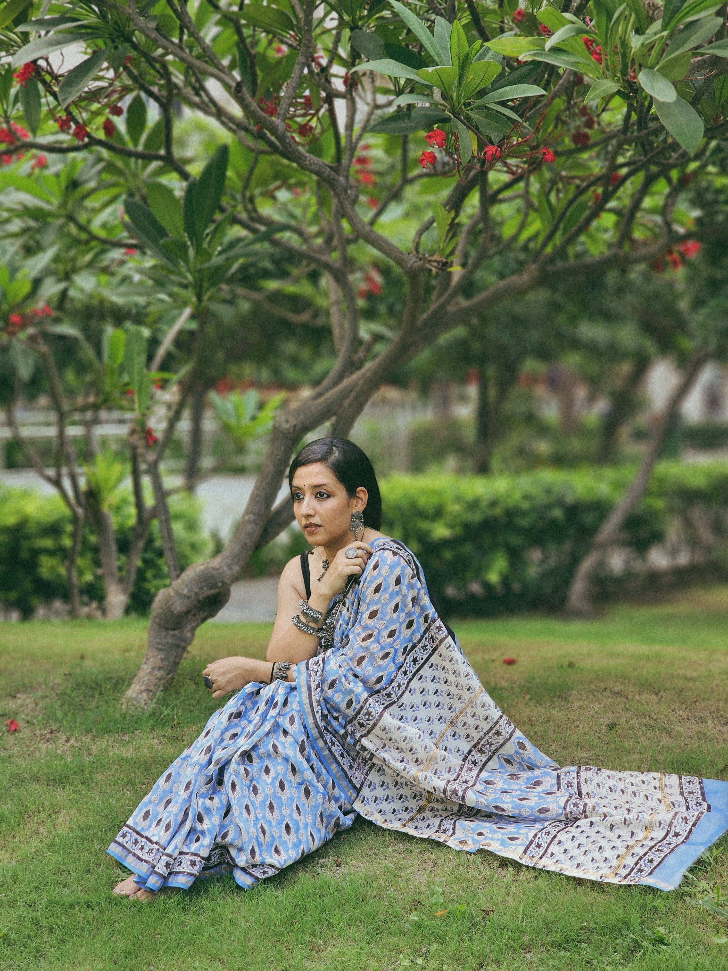 Blue and Black handblock chanderi saree