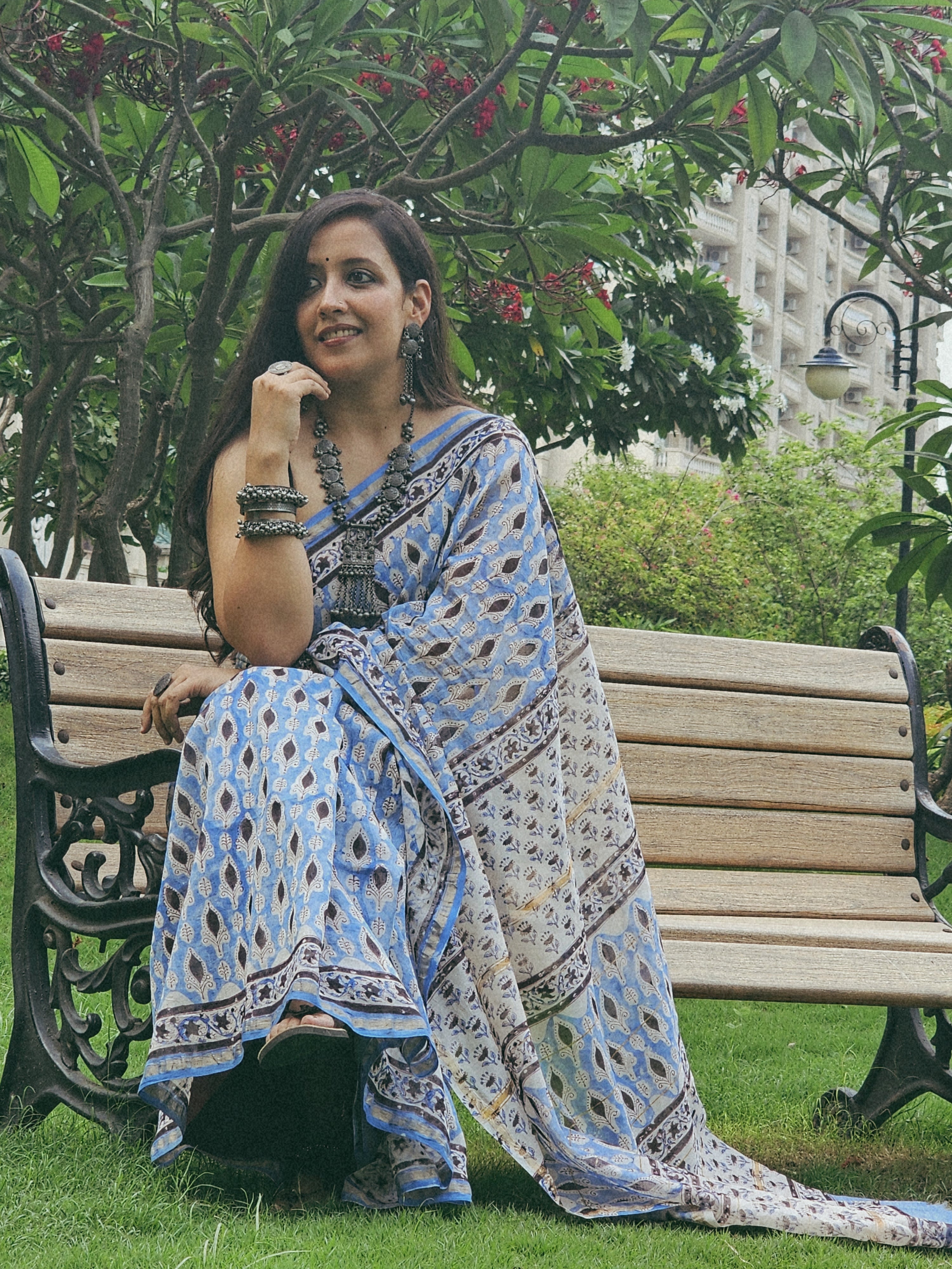 Blue and Black handblock chanderi saree