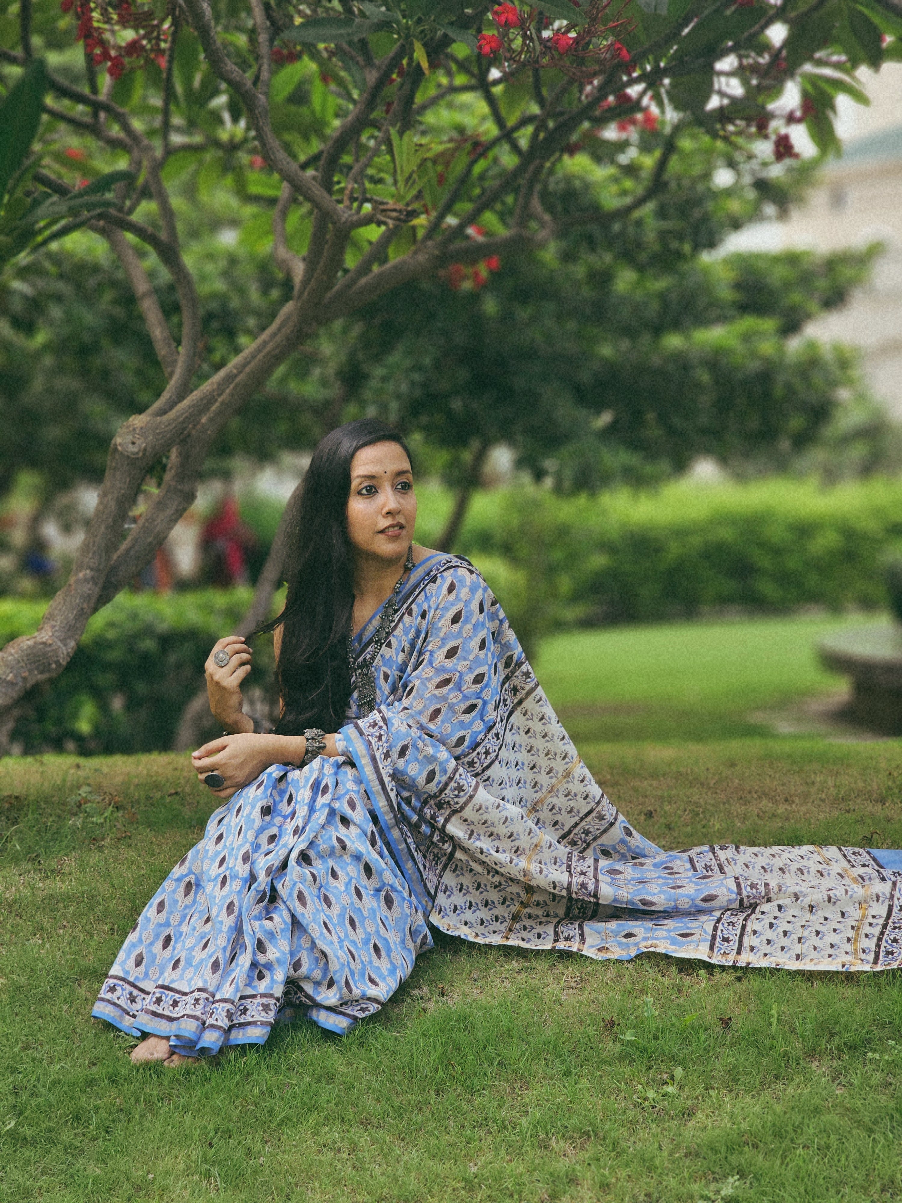Blue and Black handblock chanderi saree