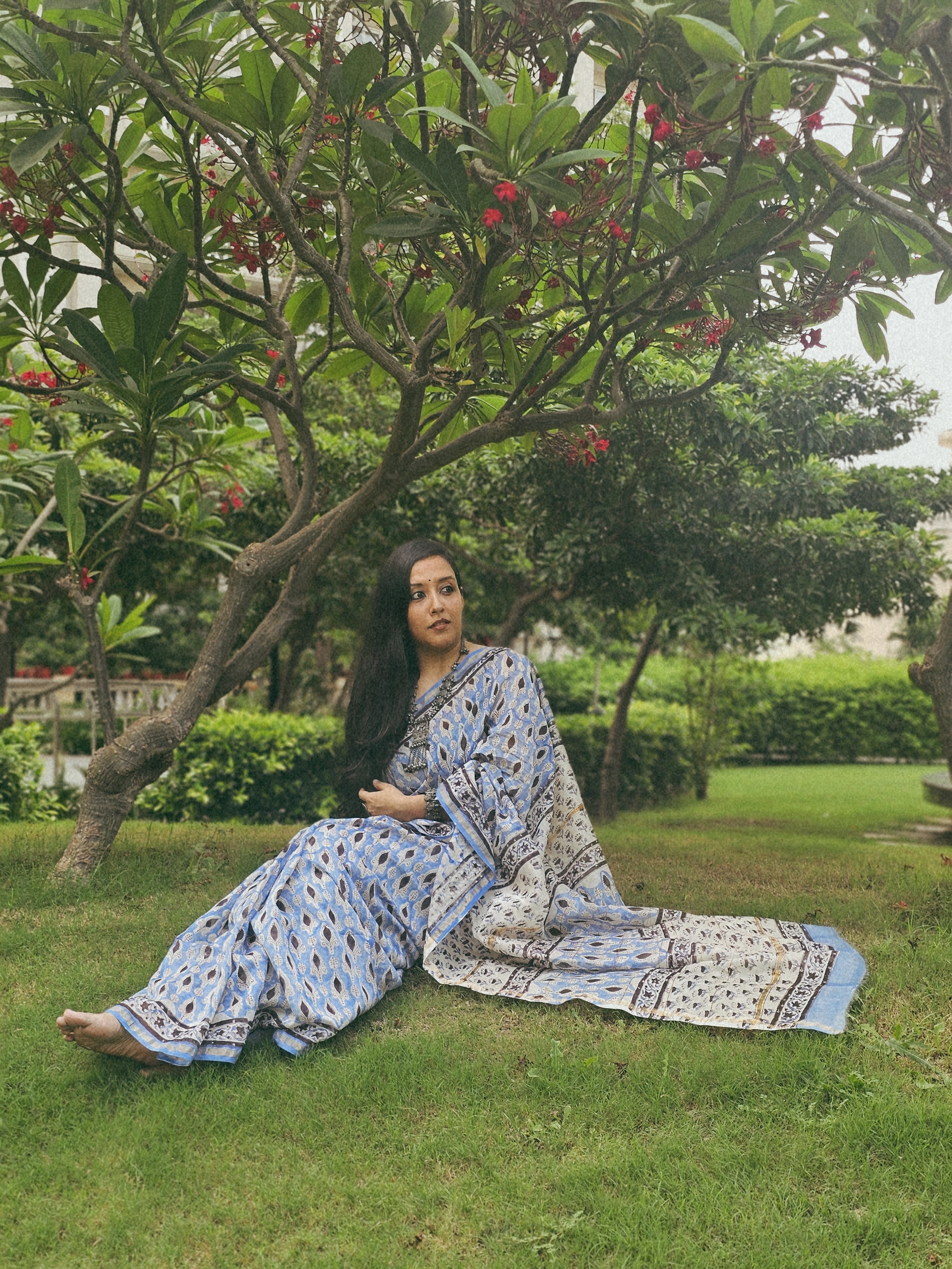 Blue and Black handblock chanderi saree