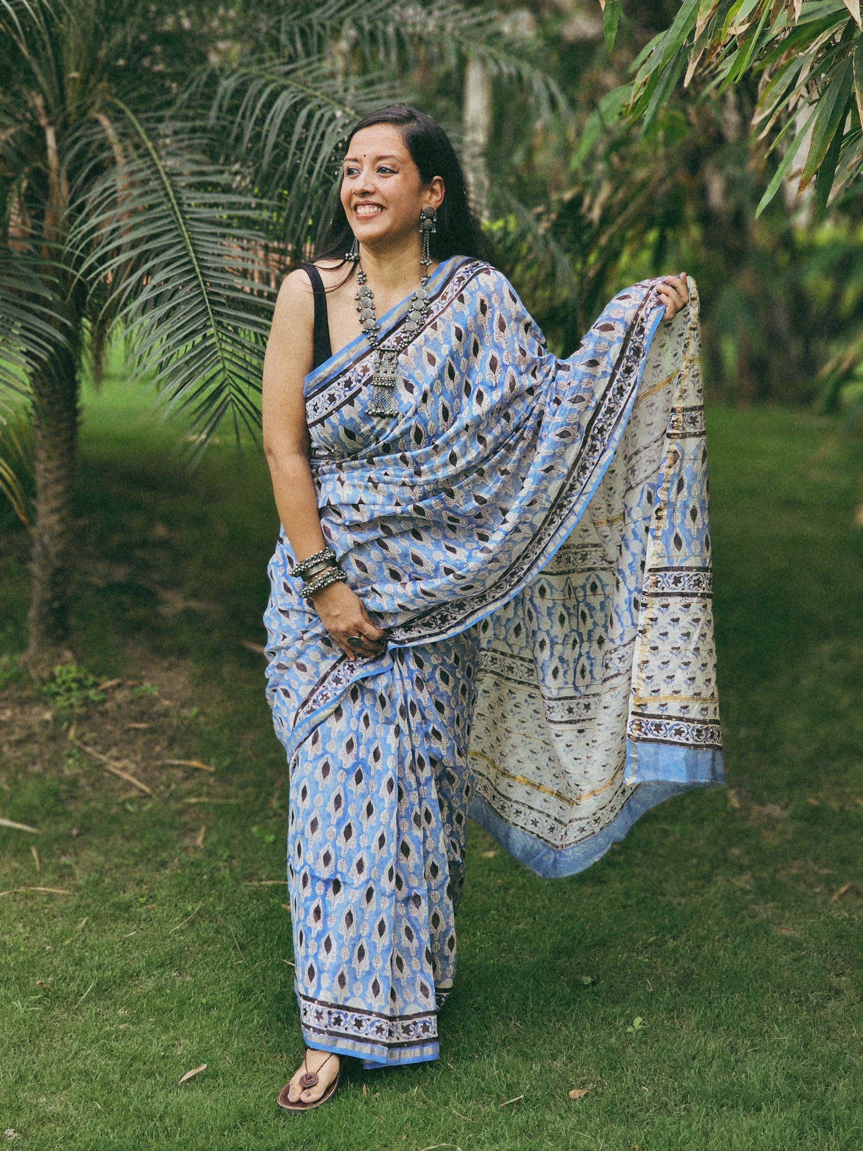 Blue and Black handblock chanderi saree