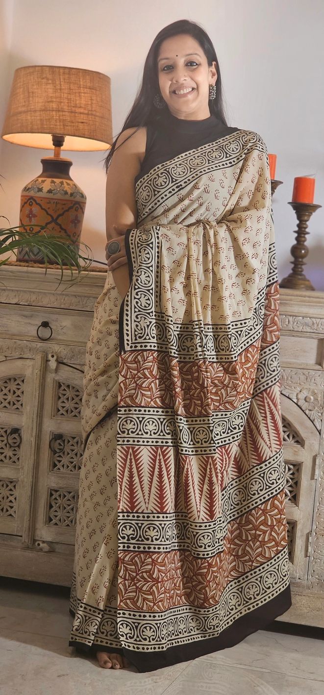 Beige-Black Handblock Mul Cotton Saree