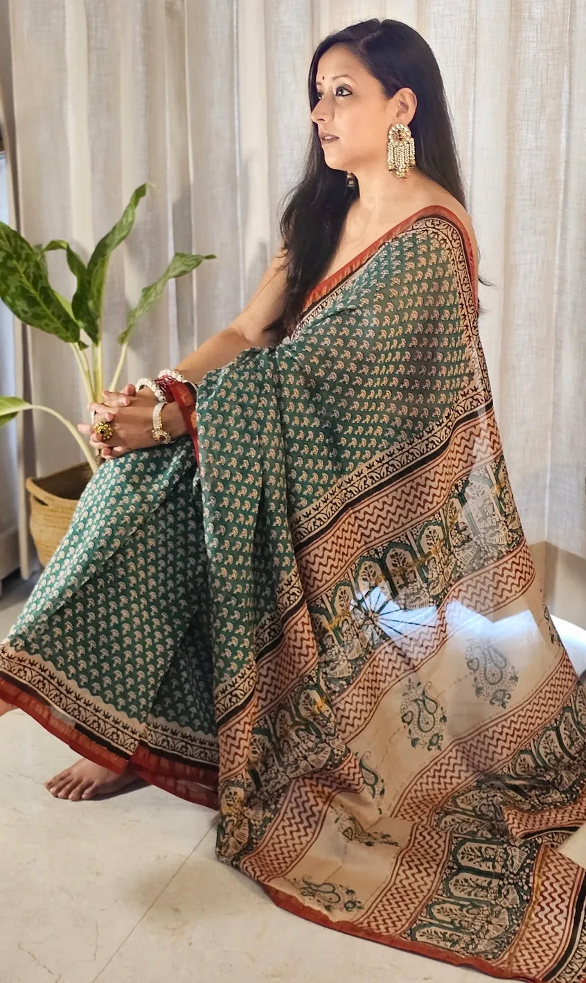 Green and red Handblock Cotton Chanderi saree