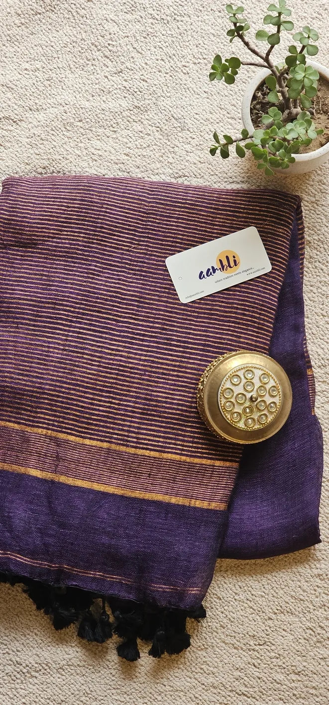 Purple Pure Handwoven Linen saree with Zari strips