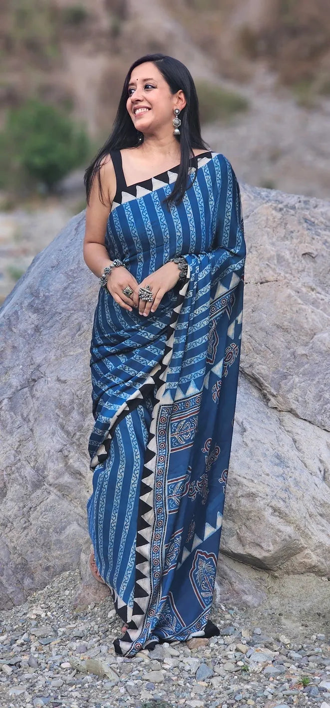 Blue and white Stripes Modal Silk Saree