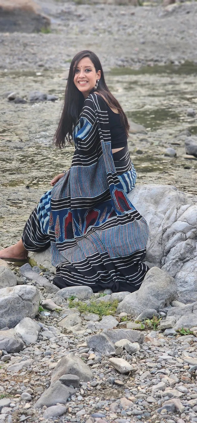 Blue and Black striped Pure handblock Modal Silk Saree
