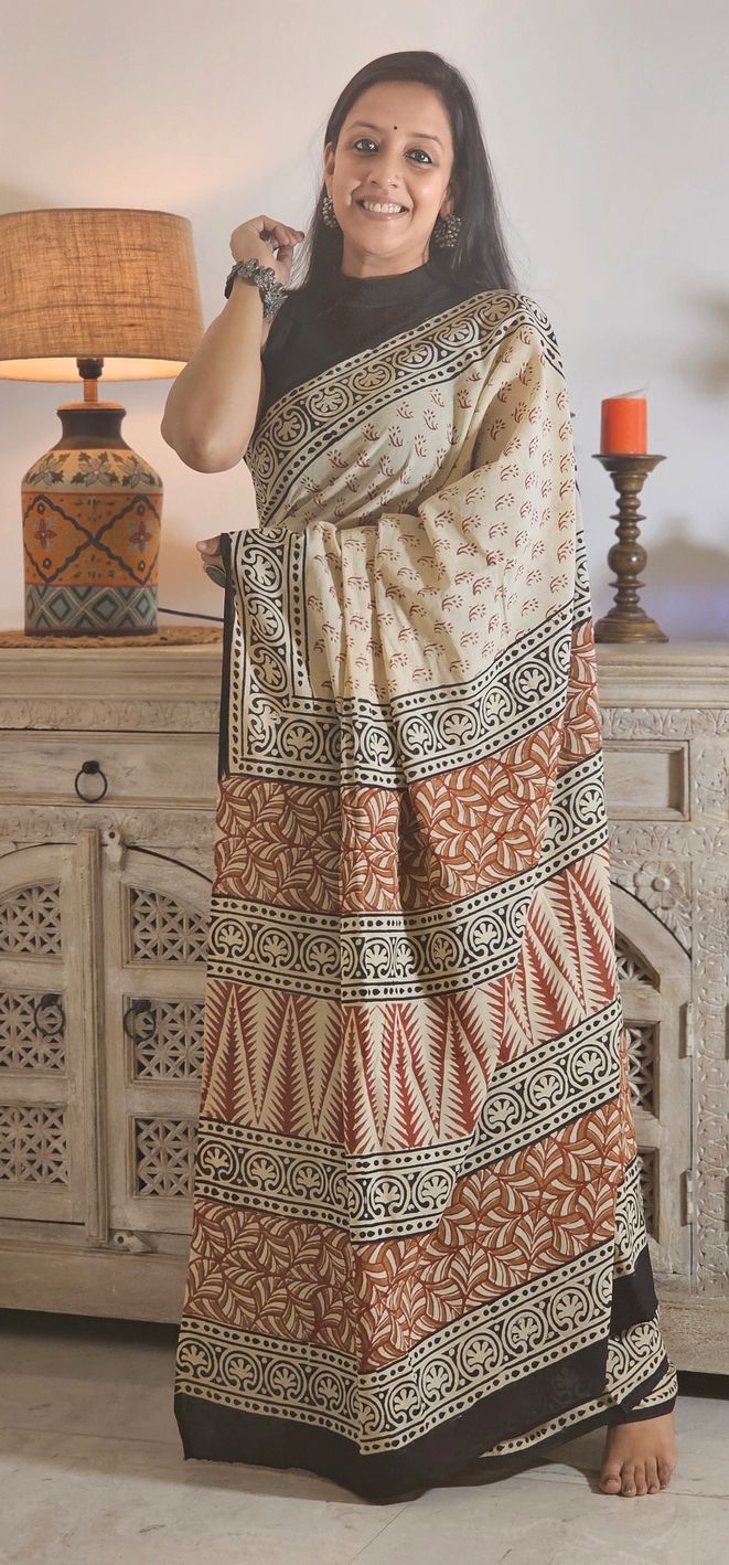 Beige-Black Handblock Mul Cotton Saree