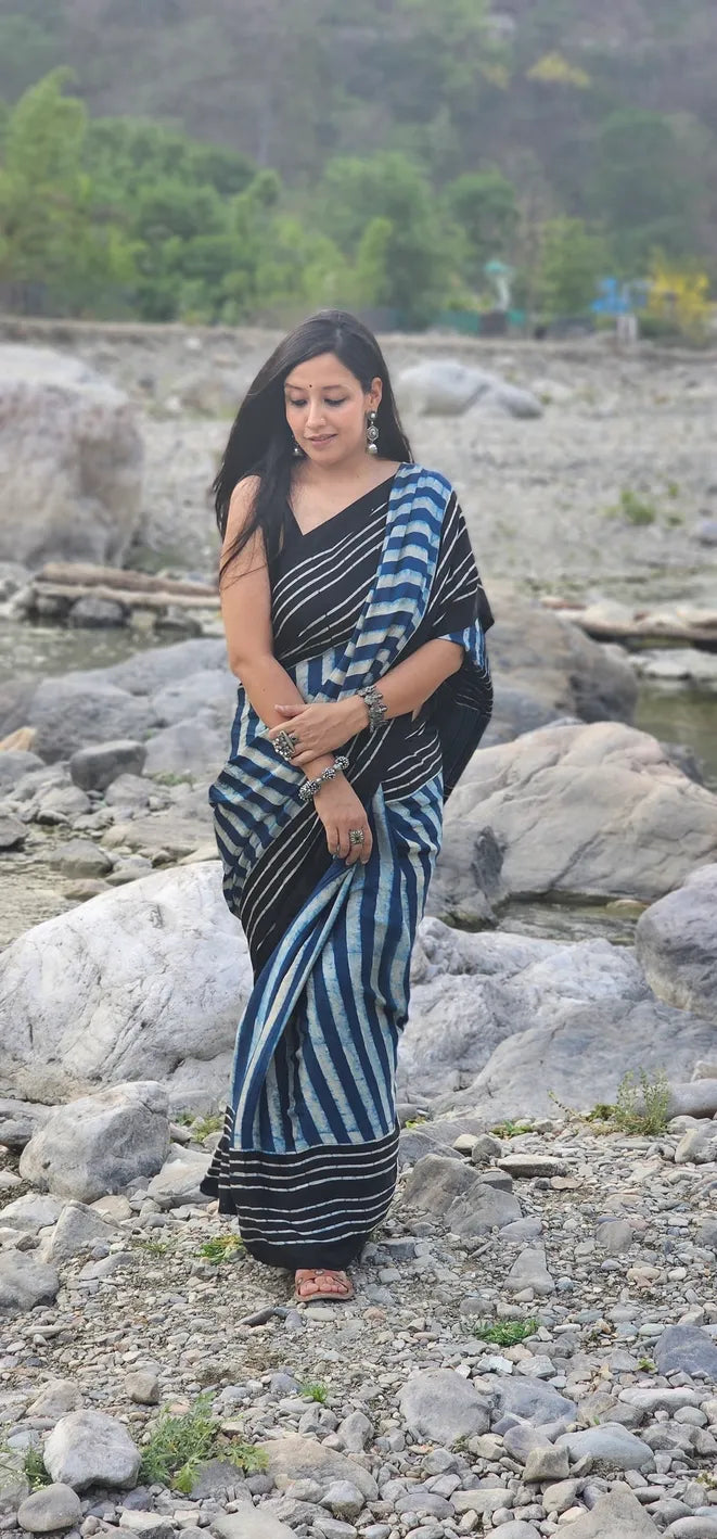 Blue and Black striped Pure handblock Modal Silk Saree
