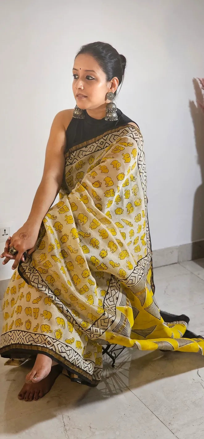 Quirky Elephant Handblock Cotton Chanderi Saree