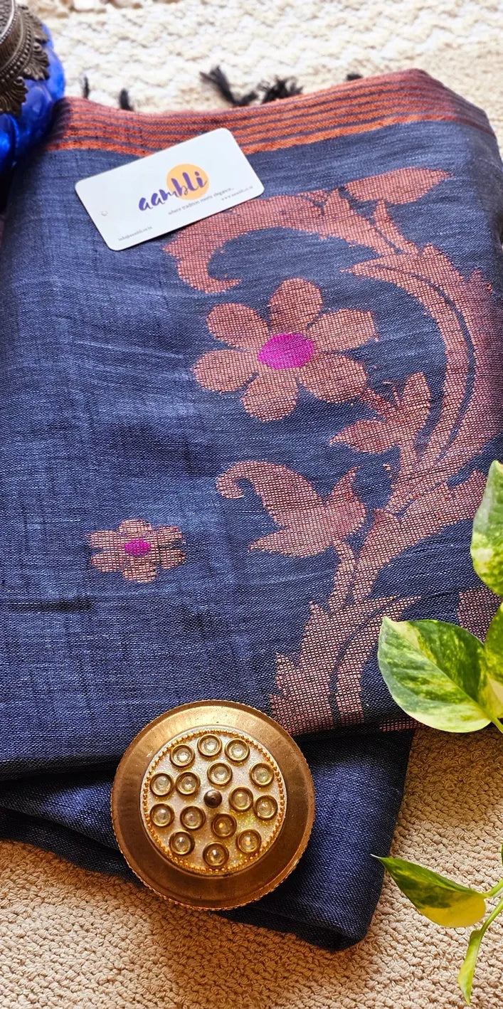 Grey flower pure handwoven linen saree with zari flowers
