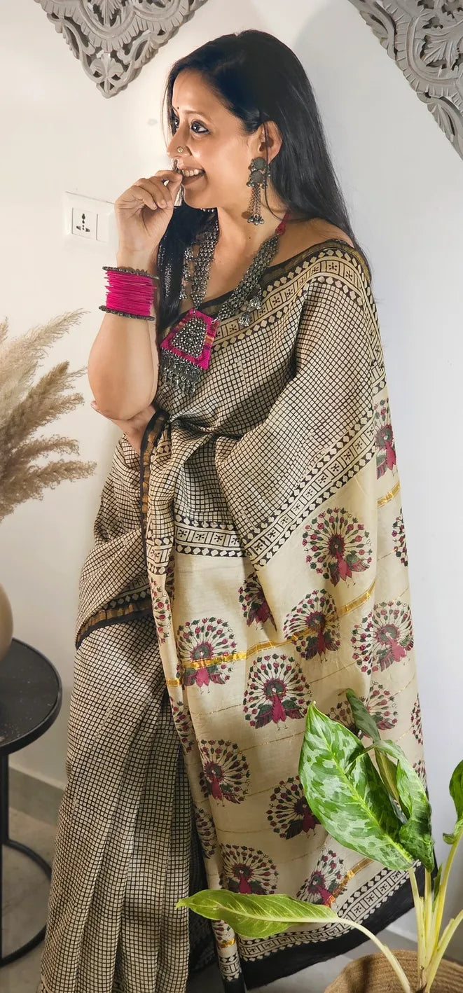 Black checkered Handblock cotton chanderi saree