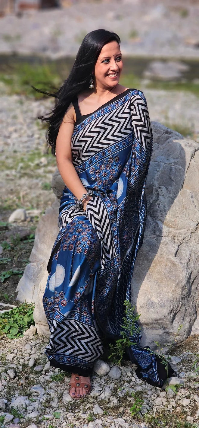 Blue and white cirlced Pure handblock Modal Silk Saree