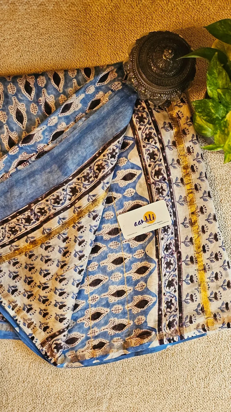 Blue and Black handblock chanderi saree