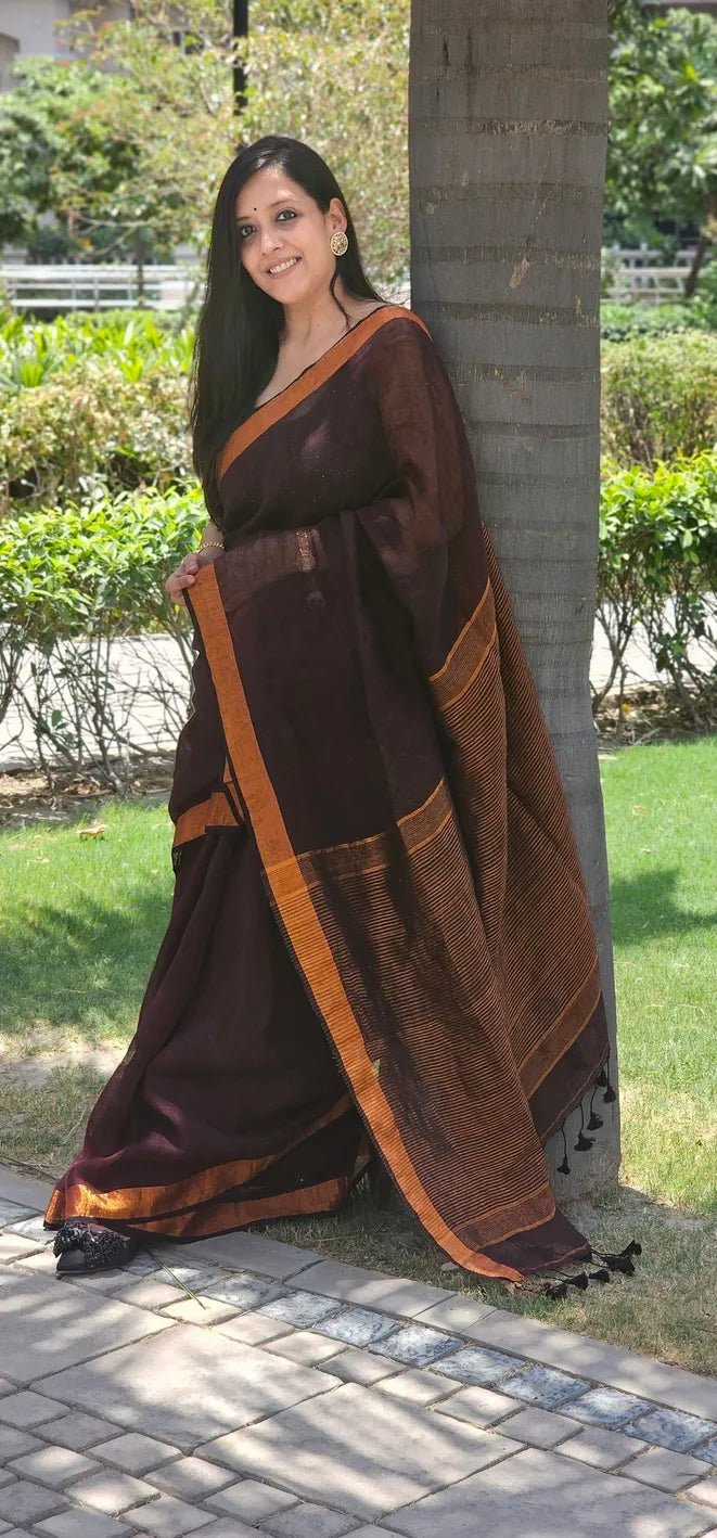Coffee Pure Handwoven Linen saree with Zari strips