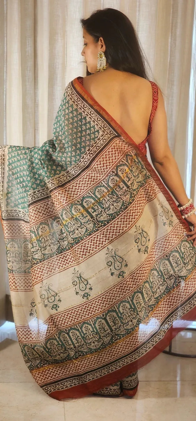 Green and red Handblock Cotton Chanderi saree
