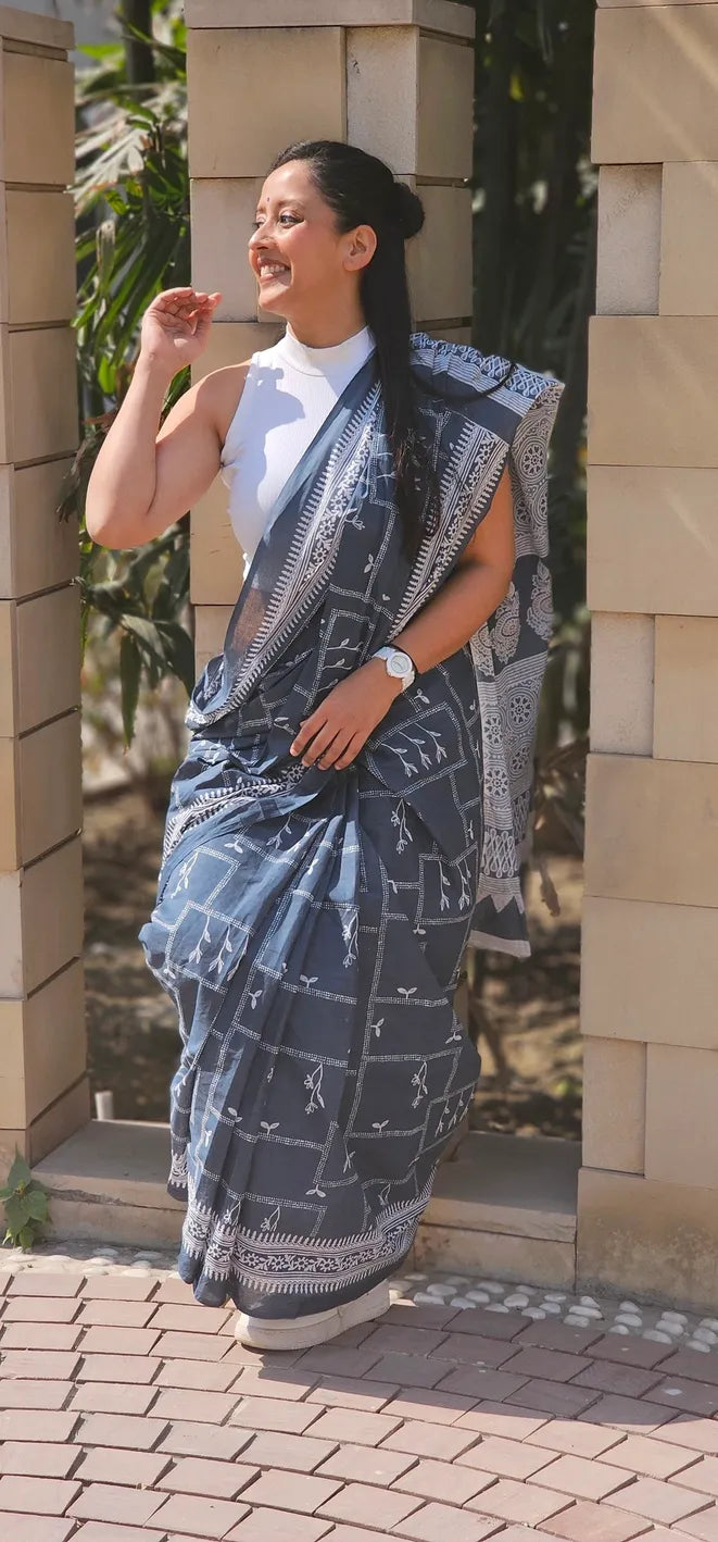 Blue Handblock Mul Cotton Saree