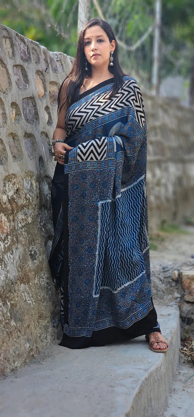 Blue and white cirlced Pure handblock Modal Silk Saree