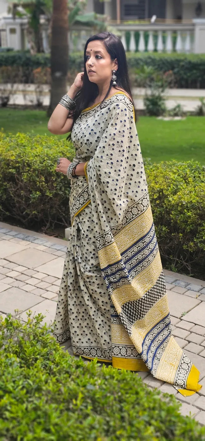 Beige Yellow Handblock Mul Cotton Saree