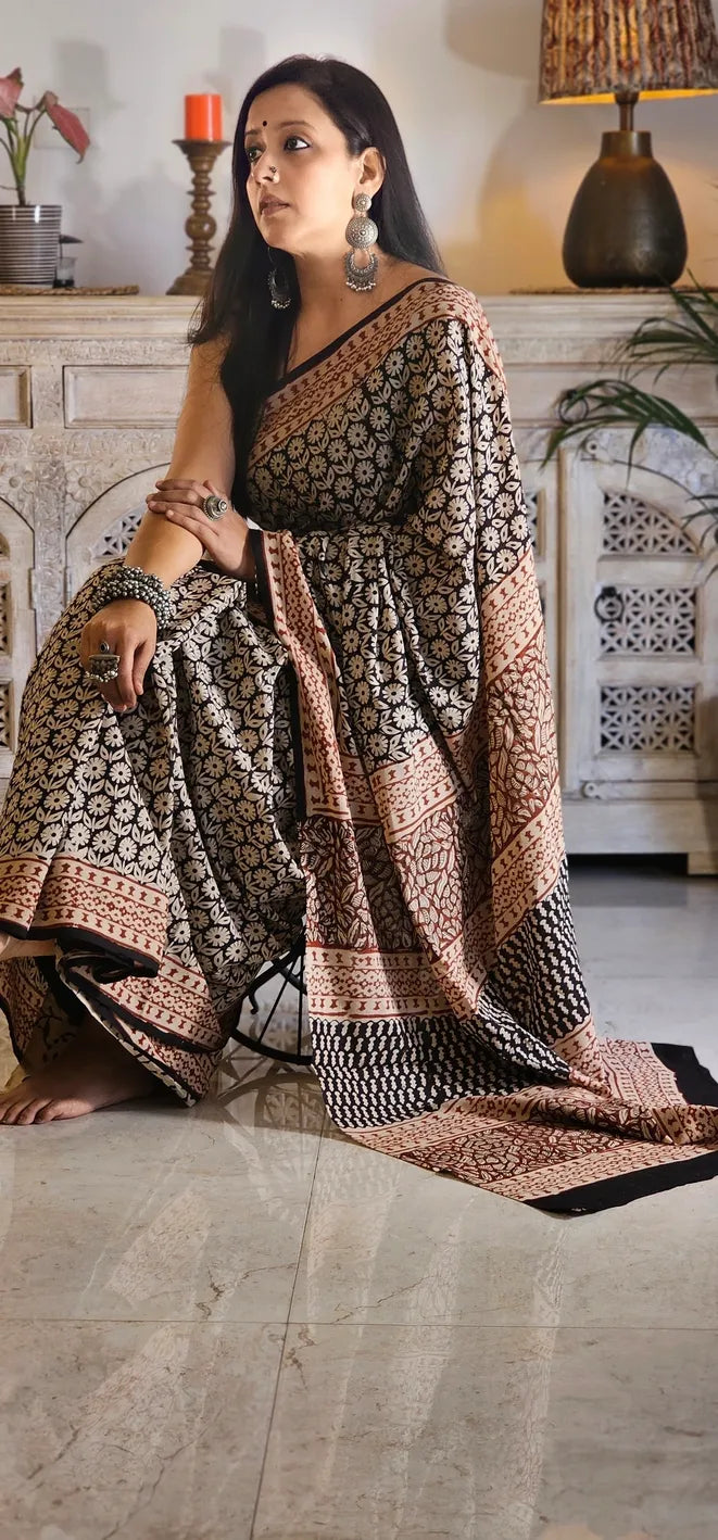 Black Handblock Mul Cotton saree