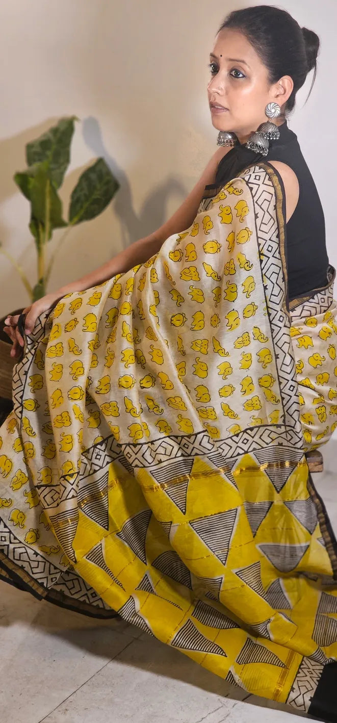 Quirky Elephant Handblock Cotton Chanderi Saree