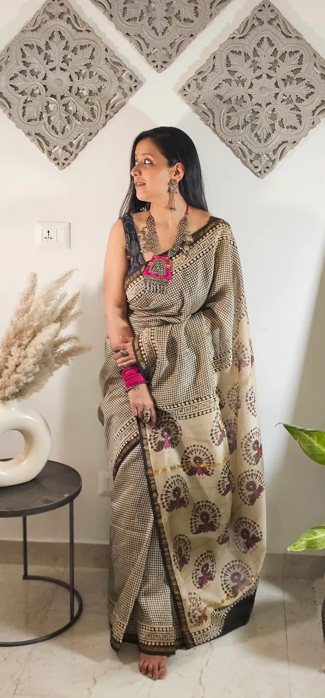 Black checkered Handblock cotton chanderi saree