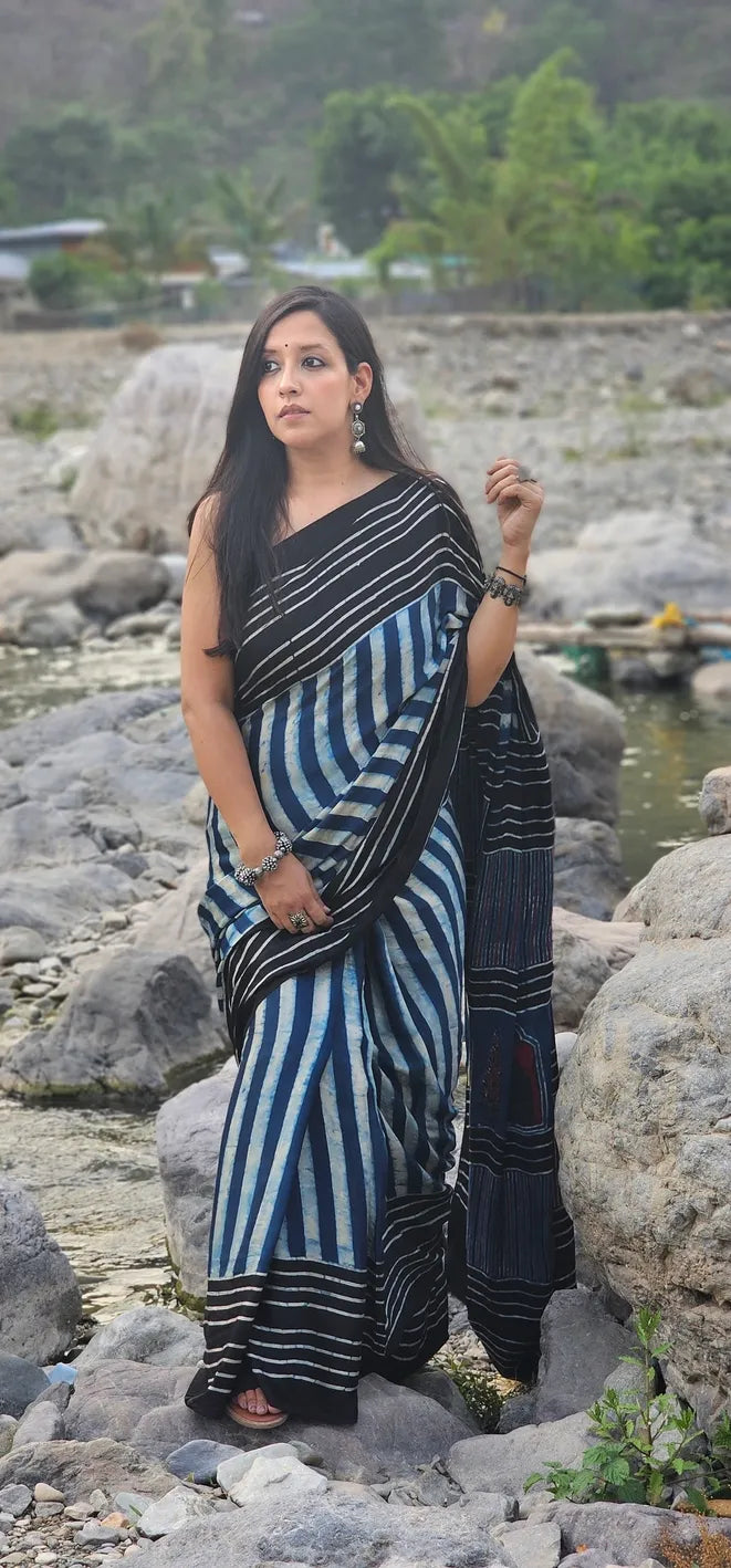 Blue and Black striped Pure handblock Modal Silk Saree