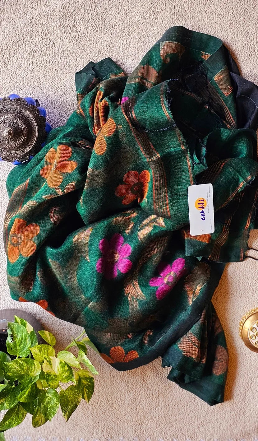 Green flower pure handwoven linen saree with zari flowers