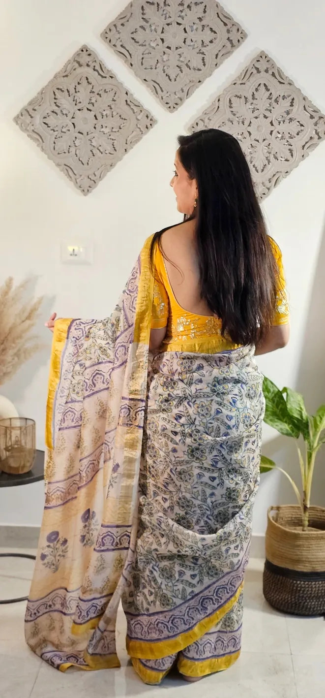 Yellow and purple Maheshwari silk saree