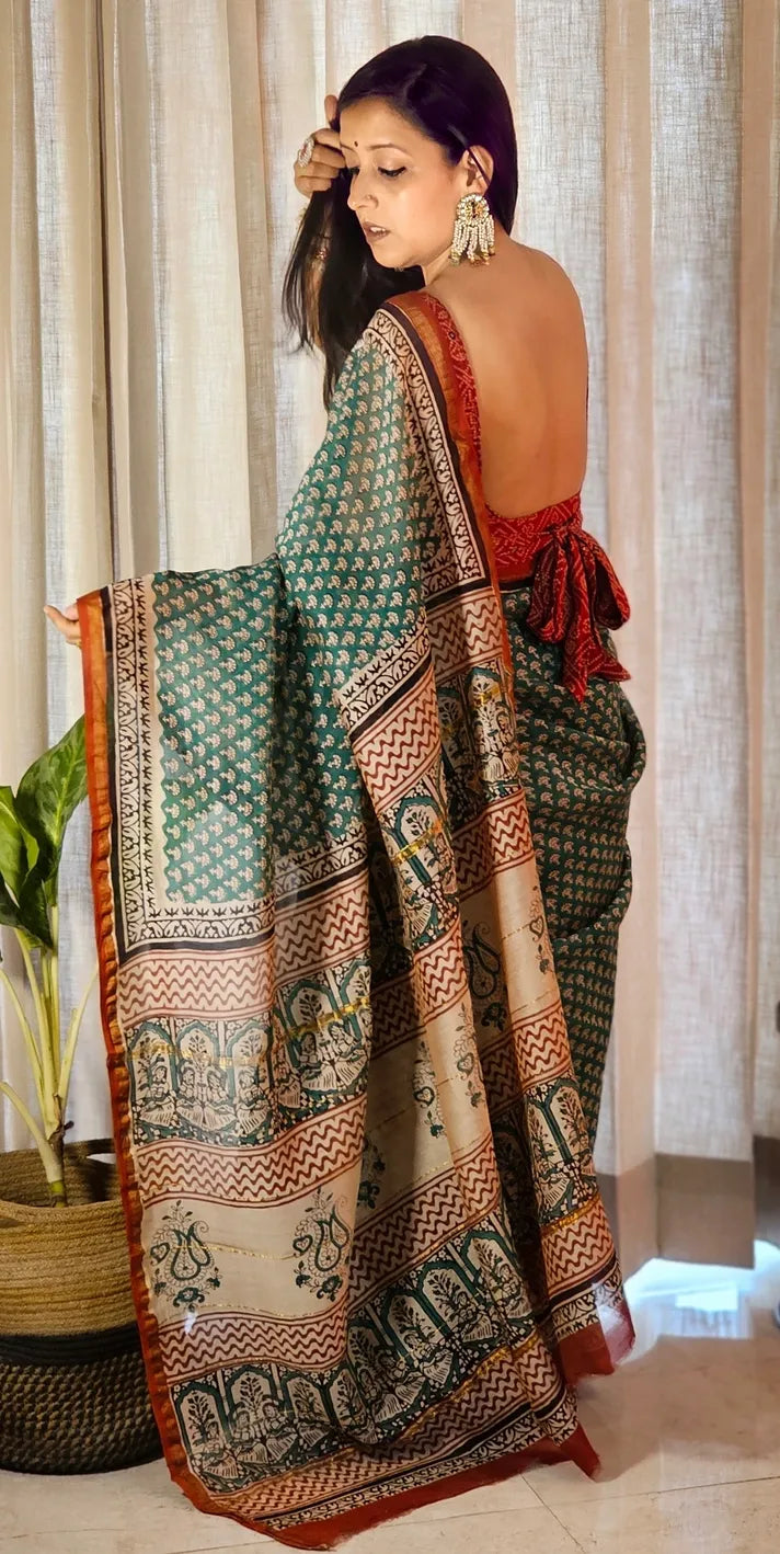 Green and red Handblock Cotton Chanderi saree