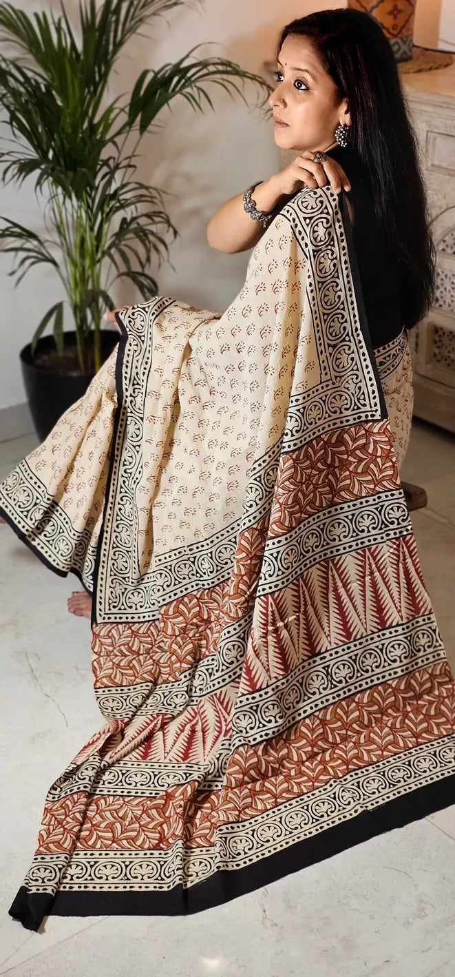 Beige-Black Handblock Mul Cotton Saree