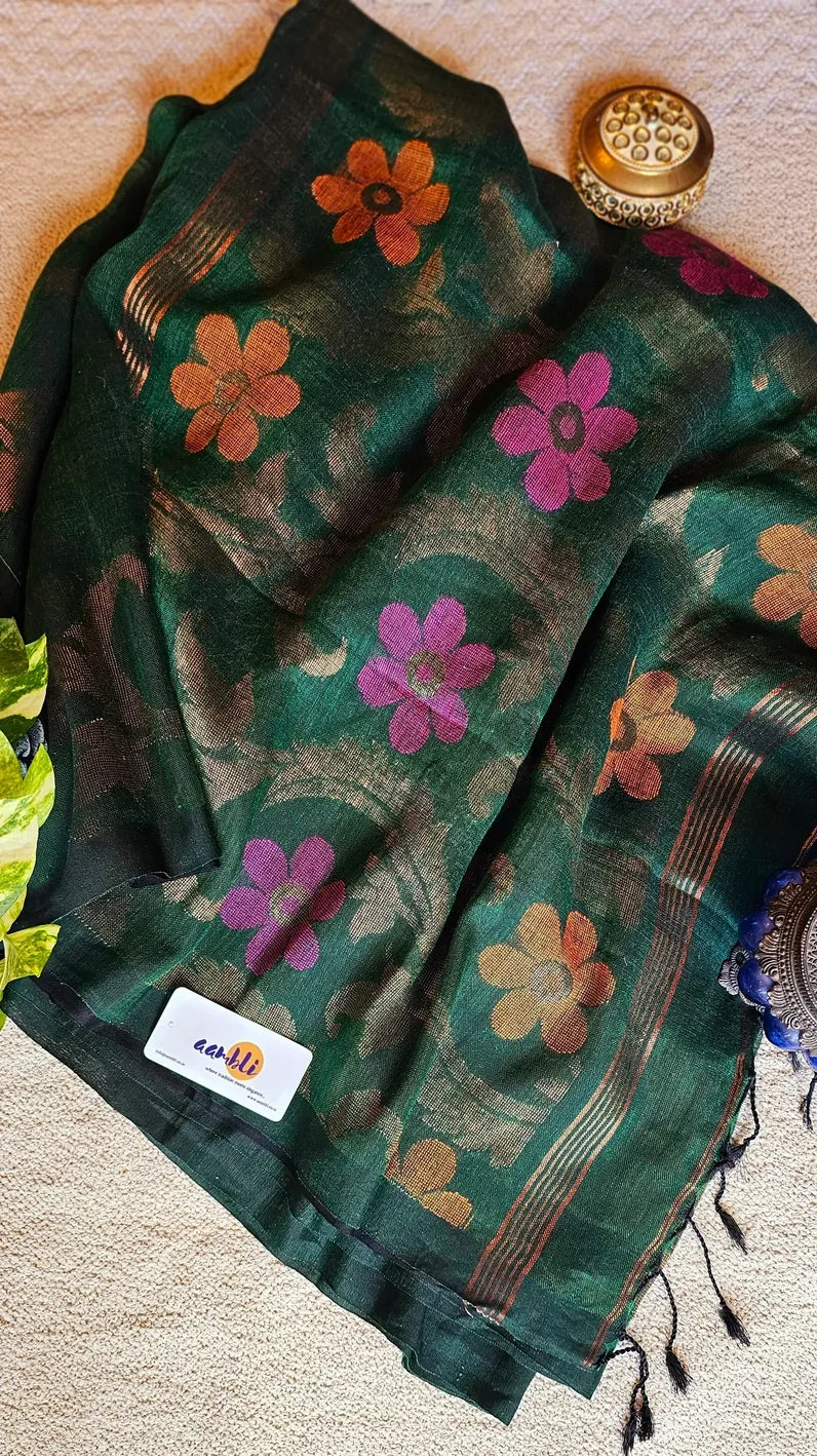 Green flower pure handwoven linen saree with zari flowers