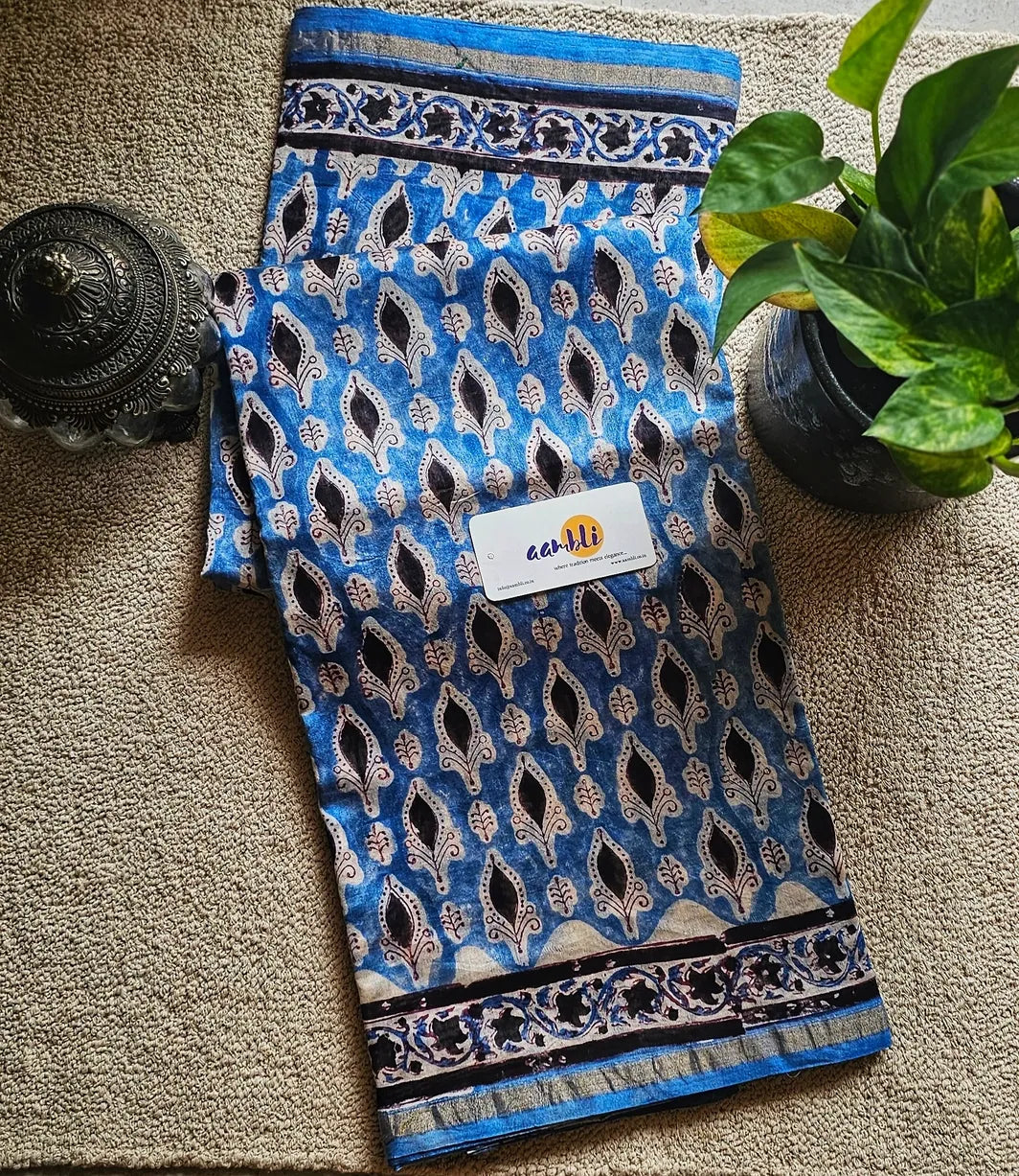 Blue and Black handblock chanderi saree