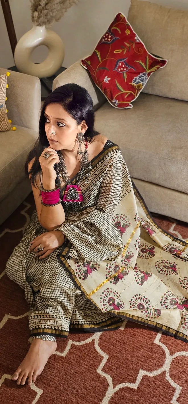 Black checkered Handblock cotton chanderi saree